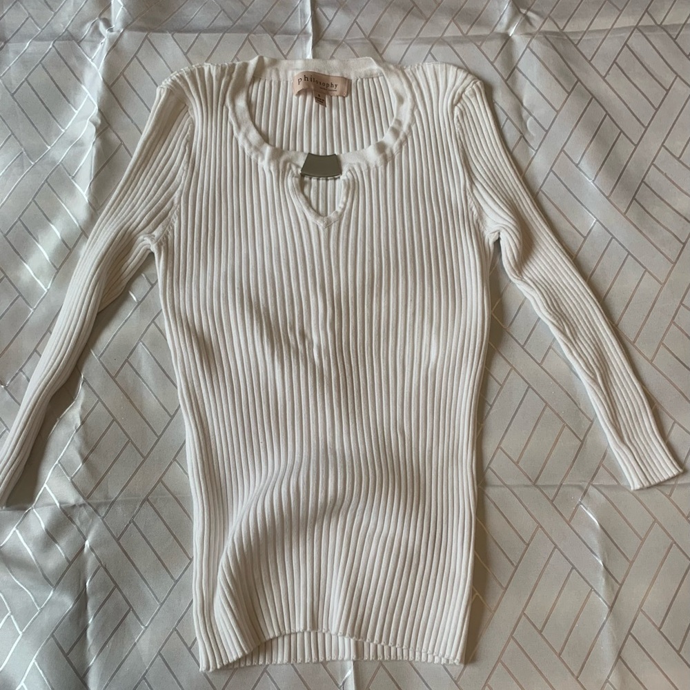 NEW Philosophy crisp clean white knit ribbed sweater silver trim v-neck NWOT